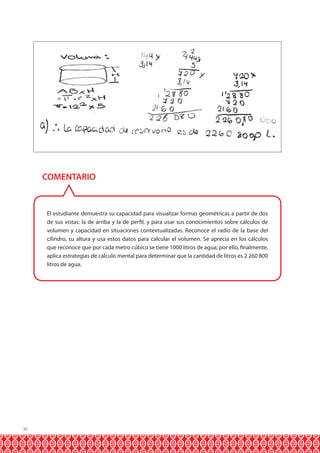 COMENTARIO

El estudiante demuestra su capacidad para visualizar formas geométricas a partir de dos
de sus vistas: la de arriba y la de perfil, y para usar sus conocimientos sobre cálculos de
volumen y capacidad en situaciones contextualizadas. Reconoce el radio de la base del
cilindro, su altura y usa estos datos para calcular el volumen. Se aprecia en los cálculos
que reconoce que por cada metro cúbico se tiene 1000 litros de agua; por ello, finalmente,
aplica estrategias de cálculo mental para determinar que la cantidad de litros es 2 260 800
litros de agua.

36

 
