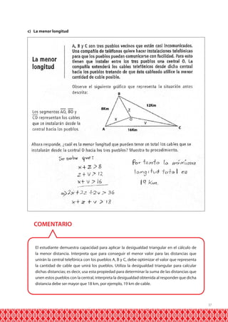 c) La menor longitud

COMENTARIO

El estudiante demuestra capacidad para aplicar la desigualdad triangular en el cálculo de
la menor distancia. Interpreta que para conseguir el menor valor para las distancias que
unirán la central telefónica con los pueblos A, B y C, debe optimizar el valor que representa
la cantidad de cable que unirá los pueblos. Utiliza la desigualdad triangular para calcular
dichas distancias; es decir, usa esta propiedad para determinar la suma de las distancias que
unen estos pueblos con la central, interpreta la desigualdad obtenida al responder que dicha
distancia debe ser mayor que 18 km, por ejemplo, 19 km de cable.

37

 