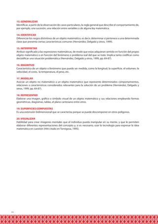 13. GENERALIZAR
Identificar, a partir de la observación de casos particulares, la regla general que describe el comportamiento de,
por ejemplo, una sucesión, una relación entre variables o de alguna ley matemática.
14. IDENTIFICAR
Diferenciar los rasgos distintivos de un objeto matemático; es decir, determinar si pertenece a una determinada
clase que presenta ciertas características comunes (Hernández, Delgado y otros, 1999).
15. INTERPRETAR
Atribuir significado a las expresiones matemáticas, de modo que estas adquieran sentido en función del propio
objeto matemático o en función del fenómeno o problema real del que se trate. Implica tanto codificar como
decodificar una situación problemática (Hernández, Delgado y otros, 1999, pp. 69-87).
16. MAGNITUD
Característica de un objeto o fenómeno que puede ser medida, como la longitud, la superficie, el volumen, la
velocidad, el costo, la temperatura, el peso, etc.
17. MODELAR
Asociar un objeto no matemático a un objeto matemático que represente determinados comportamientos,
relaciones o características considerados relevantes para la solución de un problema (Hernández, Delgado y
otros, 1999, pp. 69-87).
18. REPRESENTAR
Elaborar una imagen, gráfico o símbolo visual de un objeto matemático y sus relaciones empleando formas
geométricas, diagramas, tablas, el plano cartesiano entre otros.
19. SUPERFICIES COMPUESTAS
Es una extensión bidimensional que se caracteriza porque se puede descomponer en otros polígonos.
20. VISUALIZAR
Habilidad para crear imágenes mentales que el individuo pueda manipular en su mente, y que le permiten
elaborar diferentes representaciones del concepto y, si es necesario, usar la tecnología para expresar la idea
matemática en cuestión (Hitt citado en Torregosa, 1995).

44

 