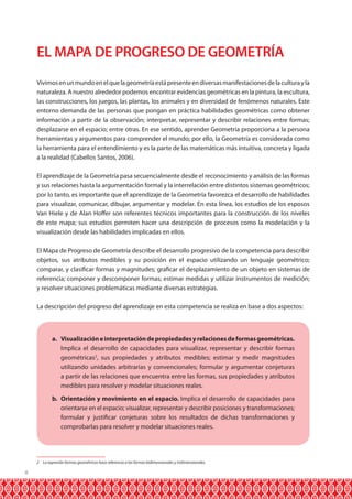 EL MAPA DE PROGRESO DE GEOMETRÍA
Vivimos en un mundo en el que la geometría está presente en diversas manifestaciones de la cultura y la
naturaleza. A nuestro alrededor podemos encontrar evidencias geométricas en la pintura, la escultura,
las construcciones, los juegos, las plantas, los animales y en diversidad de fenómenos naturales. Este
entorno demanda de las personas que pongan en práctica habilidades geométricas como obtener
información a partir de la observación; interpretar, representar y describir relaciones entre formas;
desplazarse en el espacio; entre otras. En ese sentido, aprender Geometría proporciona a la persona
herramientas y argumentos para comprender el mundo; por ello, la Geometría es considerada como
la herramienta para el entendimiento y es la parte de las matemáticas más intuitiva, concreta y ligada
a la realidad (Cabellos Santos, 2006).
El aprendizaje de la Geometría pasa secuencialmente desde el reconocimiento y análisis de las formas
y sus relaciones hasta la argumentación formal y la interrelación entre distintos sistemas geométricos;
por lo tanto, es importante que el aprendizaje de la Geometría favorezca el desarrollo de habilidades
para visualizar, comunicar, dibujar, argumentar y modelar. En esta línea, los estudios de los esposos
Van Hiele y de Alan Hoffer son referentes técnicos importantes para la construcción de los niveles
de este mapa; sus estudios permiten hacer una descripción de procesos como la modelación y la
visualización desde las habilidades implicadas en ellos.
El Mapa de Progreso de Geometría describe el desarrollo progresivo de la competencia para describir
objetos, sus atributos medibles y su posición en el espacio utilizando un lenguaje geométrico;
comparar, y clasificar formas y magnitudes; graficar el desplazamiento de un objeto en sistemas de
referencia; componer y descomponer formas; estimar medidas y utilizar instrumentos de medición;
y resolver situaciones problemáticas mediante diversas estrategias.
La descripción del progreso del aprendizaje en esta competencia se realiza en base a dos aspectos:

a.	 Visualización e interpretación de propiedades y relaciones de formas geométricas.
Implica el desarrollo de capacidades para visualizar, representar y describir formas
geométricas2, sus propiedades y atributos medibles; estimar y medir magnitudes
utilizando unidades arbitrarias y convencionales; formular y argumentar conjeturas
a partir de las relaciones que encuentra entre las formas, sus propiedades y atributos
medibles para resolver y modelar situaciones reales.
b.	 Orientación y movimiento en el espacio. Implica el desarrollo de capacidades para
orientarse en el espacio; visualizar, representar y describir posiciones y transformaciones;
formular y justificar conjeturas sobre los resultados de dichas transformaciones y
comprobarlas para resolver y modelar situaciones reales.

2 La expresión formas geométricas hace referencia a las formas bidimensionales y tridimensionales.

8

 