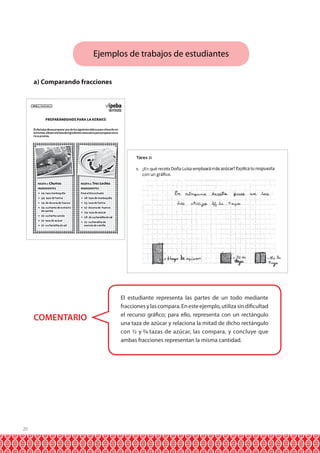 Ejemplos de trabajos de estudiantes
a) Comparando fracciones

COMENTARIO

20

El estudiante representa las partes de un todo mediante
fracciones y las compara. En este ejemplo, utiliza sin dificultad
el recurso gráfico; para ello, representa con un rectángulo
una taza de azúcar y relaciona la mitad de dicho rectángulo
con ½ y 2 4 tazas de azúcar, las compara, y concluye que
ambas fracciones representan la misma cantidad.

 