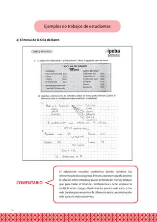 Ejemplos de trabajos de estudiantes
a) El menú de la Olla de Barro

COMENTARIO

24

El estudiante resuelve problemas donde combina los
elementos de dos conjuntos. Primero, representa gráficamente
la relación entre entradas y platos de fondo del menú y deduce
que para hallar el total de combinaciones debe emplear la
multiplicación. Luego, discrimina los precios más caros y los
más baratos para encontrar la diferencia entre la combinación
más cara y la más económica.

 