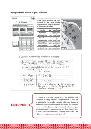 b) Organizando nuestro viaje de excursión

COMENTARIO

El estudiante determina cuántas veces una cantidad está
contenida en otra y establece una proporción a partir de
la razón dada. Examina las medidas existentes, discrimina
entre ellas y evalúa dos opciones que le parece que cumplen
con la condición. Descarta la primera opción al no conseguir
una igualdad de los productos extremos, determinando con
el mismo procedimiento que las pirámides de medidas 12 m
y 28 m sí se encuentran en razón de 3 a 7.

29

 