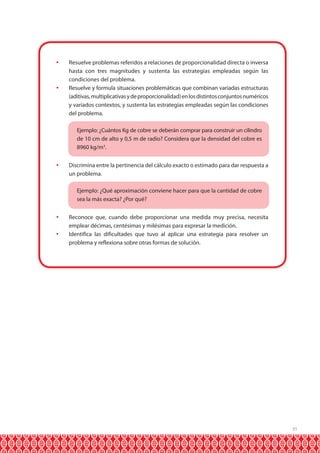 	 Resuelve problemas referidos a relaciones de proporcionalidad directa o inversa
hasta con tres magnitudes y sustenta las estrategias empleadas según las
condiciones del problema.
	 Resuelve y formula situaciones problemáticas que combinan variadas estructuras
(aditivas, multiplicativas y de proporcionalidad) en los distintos conjuntos numéricos
y variados contextos, y sustenta las estrategias empleadas según las condiciones
del problema.
	

Ejemplo: ¿Cuántos Kg de cobre se deberán comprar para construir un cilindro
de 10 cm de alto y 0,5 m de radio? Considera que la densidad del cobre es
8960 kg/m3.

	 Discrimina entre la pertinencia del cálculo exacto o estimado para dar respuesta a
un problema.
	

Ejemplo: ¿Qué aproximación conviene hacer para que la cantidad de cobre
sea la más exacta? ¿Por qué?

	 Reconoce que, cuando debe proporcionar una medida muy precisa, necesita
emplear décimas, centésimas y milésimas para expresar la medición.
	 Identifica las dificultades que tuvo al aplicar una estrategia para resolver un
problema y reflexiona sobre otras formas de solución.

31

 