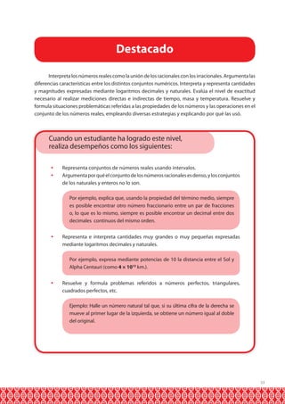 Destacado
Interpreta los números reales como la unión de los racionales con los irracionales. Argumenta las
diferencias características entre los distintos conjuntos numéricos. Interpreta y representa cantidades
y magnitudes expresadas mediante logaritmos decimales y naturales. Evalúa el nivel de exactitud
necesario al realizar mediciones directas e indirectas de tiempo, masa y temperatura. Resuelve y
formula situaciones problemáticas referidas a las propiedades de los números y las operaciones en el
conjunto de los números reales, empleando diversas estrategias y explicando por qué las usó.

Cuando un estudiante ha logrado este nivel,
realiza desempeños como los siguientes:
	 Representa conjuntos de números reales usando intervalos.
	 Argumenta por qué el conjunto de los números racionales es denso, y los conjuntos
de los naturales y enteros no lo son.
	

Por ejemplo, explica que, usando la propiedad del término medio, siempre
es posible encontrar otro número fraccionario entre un par de fracciones
o, lo que es lo mismo, siempre es posible encontrar un decimal entre dos
decimales continuos del mismo orden.

	 Representa e interpreta cantidades muy grandes o muy pequeñas expresadas
mediante logaritmos decimales y naturales.
	

Por ejemplo, expresa mediante potencias de 10 la distancia entre el Sol y
Alpha Centauri (como 4 × 1013 km.).

	 Resuelve y formula problemas referidos a números perfectos, triangulares,
cuadrados perfectos, etc.
	

Ejemplo: Halle un número natural tal que, si su última cifra de la derecha se
mueve al primer lugar de la izquierda, se obtiene un número igual al doble
del original.

33

 