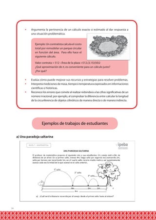 	 Argumenta la pertinencia de un cálculo exacto o estimado al dar respuesta a
una situación problemática.
	

Ejemplo: Un contratista calcula el costo
total por remodelar un parque circular
en función del área. Para ello hace el
siguiente cálculo.

	
	
	

Valor contrata = 512 • Área de la plaza =512.(3,15)(50)2
¿Qué aproximación de π, es conveniente para un cálculo justo?
¿Por qué?

	 Evalúa cómo puede mejorar sus recursos y estrategias para resolver problemas.
	 Interpreta mediciones de masa, tiempo o temperatura expresados en informaciones
científicas o históricas.
	 Reconoce los errores que comete al realizar redondeos a las cifras significativas de un
número irracional; por ejemplo, al comprobar la diferencia entre calcular la longitud
de la circunferencia de objetos cilíndricos de manera directa o de manera indirecta.

Ejemplos de trabajos de estudiantes
a) Una paradoja saltarina

34

 