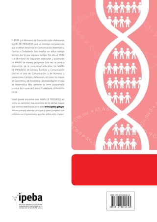 El IPEBA y el Ministerio de Educación están elaborando
MAPAS DE PROGRESO para las distintas competencias
que se deben desarrollar en Comunicación, Matemática,
Ciencia y Ciudadanía. Esto implica un arduo trabajo
técnico, por lo que requiere tiempo. Por ello, el IPEBA
y el Ministerio de Educación elaborarán y publicarán
los MAPAS de manera progresiva. Esta vez, se pone a
disposición de la comunidad educativa los MAPAS
DE PROGRESO de Lectura, Escritura y Comunicación
Oral en el área de Comunicación; y de Números y
operaciones, Cambio y Relaciones, así como los mapas
de Geometría y de Estadística y probabilidad en el área
de Matemática. Más adelante se tiene programado
publicar los mapas de Ciencia, Ciudadanía y Educación
Inicial.
Usted puede encontrar este MAPA DE PROGRESO, así
como las versiones más recientes de los demás mapas
que venimos elaborando, en la web: www.ipeba.gob.pe.
Ahí encontrará, además, un espacio para compartir con
nosotros sus impresiones y aportes sobre estos mapas.

 