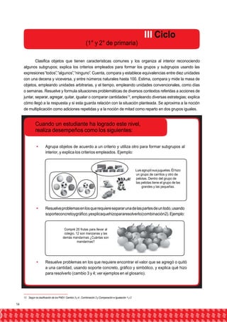 III Ciclo 
(1° y 2° de primaria) 
Clasifica objetos que tienen características comunes y los organiza al interior reconociendo 
algunos subgrupos; explica los criterios empleados para formar los grupos y subgrupos usando las 
expresiones“todos”, “algunos”, “ninguno”. Cuenta, compara y establece equivalencias entre diez unidades 
con una decena y viceversa, y entre números naturales hasta 100. Estima, compara y mide la masa de 
objetos, empleando unidades arbitrarias, y el tiempo, empleando unidades convencionales, como días 
o semanas. Resuelve y formula situaciones problemáticas de diversos contextos referidas a acciones de 
juntar, separar, agregar, quitar, igualar o comparar cantidades13, empleando diversas estrategias; explica 
cómo llegó a la respuesta y si esta guarda relación con la situación planteada. Se aproxima a la noción 
de multiplicación como adiciones repetidas y a la noción de mitad como reparto en dos grupos iguales. 
Cuando un estudiante ha logrado este nivel, 
realiza desempeños como los siguientes: 
 Agrupa objetos de acuerdo a un criterio y utiliza otro para formar subgrupos al 
interior, y explica los criterios empleados. Ejemplo: 
Luis agrupó sus juguetes. Él hizo 
un grupo de carritos y otro de 
pelotas. Dentro del grupo de 
las pelotas tiene el grupo de las 
grandes y las pequeñas. 
 Resuelve problemas en los que requiere separar una de las partes de un todo, usando 
soporteconcretoygráfico,yexplicaquehizopararesolverlo(combinación2). Ejemplo: 
Compré 20 frutas para llevar al 
colegio, 12 son manzanas y las 
demás mandarinas ¿Cuántas son 
mandarinas? 
 Resuelve problemas en los que requiere encontrar el valor que se agregó o quitó 
a una cantidad, usando soporte concreto, gráfico y simbólico, y explica qué hizo 
para resolverlo (cambio 3 y 4; ver ejemplos en el glosario). 
13 Según la clasificación de los PAEV: Cambio 3 y 4 , Combinación 2 y Comparación e Igualación 1 y 2 
14 
 