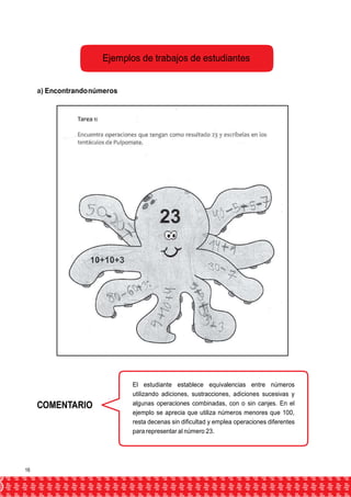 Ejemplos de trabajos de estudiantes 
a) Encontrando números 
COMENTARIO 
El estudiante establece equivalencias entre números 
utilizando adiciones, sustracciones, adiciones sucesivas y 
algunas operaciones combinadas, con o sin canjes. En el 
ejemplo se aprecia que utiliza números menores que 100, 
resta decenas sin dificultad y emplea operaciones diferentes 
para representar al número 23. 
16 
 