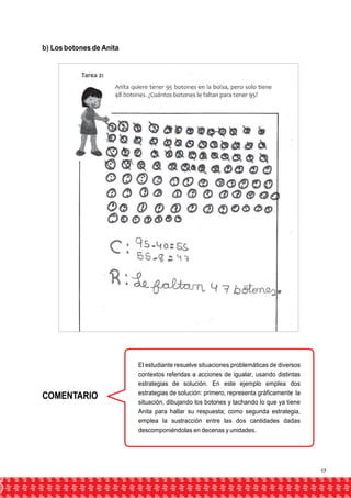 b) Los botones de Anita 
COMENTARIO 
El estudiante resuelve situaciones problemáticas de diversos 
contextos referidas a acciones de igualar, usando distintas 
estrategias de solución. En este ejemplo emplea dos 
estrategias de solución: primero, representa gráficamente la 
situación, dibujando los botones y tachando lo que ya tiene 
Anita para hallar su respuesta; como segunda estrategia, 
emplea la sustracción entre las dos cantidades dadas 
descomponiéndolas en decenas y unidades. 
17 
 
