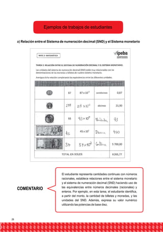 Ejemplos de trabajos de estudiantes 
a) Relación entre el Sistema de numeración decimal (SND) y el Sistema monetario 
COMENTARIO 
El estudiante representa cantidades continuas con números 
racionales, establece relaciones entre el sistema monetario 
y el sistema de numeración decimal (SND) haciendo uso de 
las equivalencias entre números decimales (racionales) y 
enteros. Por ejemplo, en esta tarea, el estudiante identifica, 
a partir del monto, la cantidad de billetes y monedas, y las 
unidades del SND. Además, expresa su valor numérico 
utilizando las potencias de base diez. 
28 
 