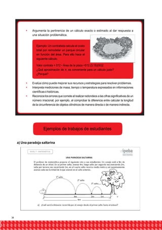  Argumenta la pertinencia de un cálculo exacto o estimado al dar respuesta a 
una situación problemática. 
Ejemplo: Un contratista calcula el costo 
total por remodelar un parque circular 
en función del área. Para ello hace el 
siguiente cálculo. 
Valor contrata = 512 • Área de la plaza =512.(3,15)(50)2 
¿Qué aproximación de π, es conveniente para un cálculo justo? 
¿Por qué? 
 Evalúa cómo puede mejorar sus recursos y estrategias para resolver problemas. 
 Interpreta mediciones de masa, tiempo o temperatura expresados en informaciones 
científicas o históricas. 
 Reconoce los errores que comete al realizar redondeos a las cifras significativas de un 
número irracional; por ejemplo, al comprobar la diferencia entre calcular la longitud 
de la circunferencia de objetos cilíndricos de manera directa o de manera indirecta. 
Ejemplos de trabajos de estudiantes 
a) Una paradoja saltarina 
34 
 