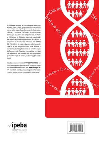 El IPEBA y el Ministerio de Educación están elaborando 
MAPAS DE PROGRESO para las distintas competencias 
que se deben desarrollar en Comunicación, Matemática, 
Ciencia y Ciudadanía. Esto implica un arduo trabajo 
técnico, por lo que requiere tiempo. Por ello, el IPEBA 
y el Ministerio de Educación elaborarán y publicarán 
los MAPAS de manera progresiva. Esta vez, se pone a 
disposición de la comunidad educativa los MAPAS 
DE PROGRESO de Lectura, Escritura y Comunicación 
Oral en el área de Comunicación; y de Números y 
operaciones, Cambio y Relaciones, así como los mapas 
de Geometría y de Estadística y probabilidad en el área 
de Matemática. Más adelante se tiene programado 
publicar los mapas de Ciencia, Ciudadanía y Educación 
Inicial. 
Usted puede encontrar este MAPA DE PROGRESO, así 
como las versiones más recientes de los demás mapas 
que venimos elaborando, en la web: www.ipeba.gob.pe. 
Ahí encontrará, además, un espacio para compartir con 
nosotros sus impresiones y aportes sobre estos mapas. 
