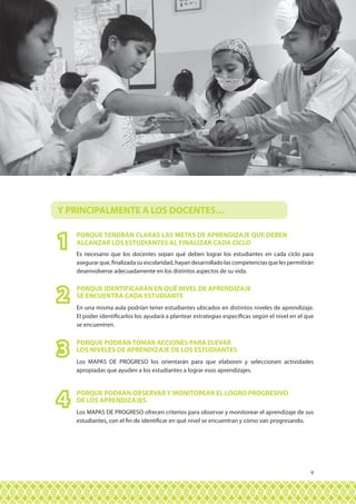 9
Y PRINCIPALMENTE A LOS DOCENTES…
Es necesario que los docentes sepan qué deben lograr los estudiantes en cada ciclo para
asegurar que, finalizada su escolaridad, hayan desarrollado las competencias que les permitirán
desenvolverse adecuadamente en los distintos aspectos de su vida.
En una misma aula podrían tener estudiantes ubicados en distintos niveles de aprendizaje.
El poder identificarlos los ayudará a plantear estrategias específicas según el nivel en el que
se encuentren.
Los MAPAS DE PROGRESO los orientarán para que elaboren y seleccionen actividades
apropiadas que ayuden a los estudiantes a lograr esos aprendizajes.
Los MAPAS DE PROGRESO ofrecen criterios para observar y monitorear el aprendizaje de sus
estudiantes, con el fin de identificar en qué nivel se encuentran y cómo van progresando.
PORQUE TENDRÁN CLARAS LAS METAS DE APRENDIZAJE QUE DEBEN
ALCANZAR LOS ESTUDIANTES AL FINALIZAR CADA CICLO
PORQUE IDENTIFICARÁN EN QUÉ NIVEL DE APRENDIZAJE
SE ENCUENTRA CADA ESTUDIANTE
PORQUE PODRÁN TOMAR ACCIONES PARA ELEVAR
LOS NIVELES DE APRENDIZAJE DE LOS ESTUDIANTES
PORQUE PODRÁN OBSERVAR Y MONITOREAR EL LOGRO PROGRESIVO
DE LOS APRENDIZAJES
1
2
3
4
1
2
3
4
 