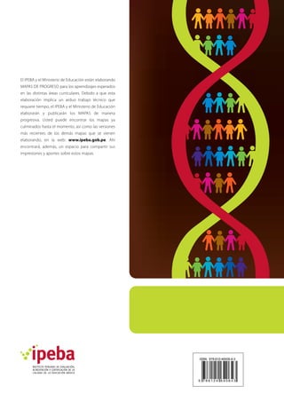 El IPEBA y el Ministerio de Educación están elaborando
MAPAS DE PROGRESO para los aprendizajes esperados
en las distintas áreas curriculares. Debido a que esta
elaboración implica un arduo trabajo técnico que
requiere tiempo, el IPEBA y el Ministerio de Educación
elaborarán y publicarán los MAPAS de manera
progresiva. Usted puede encontrar los mapas ya
culminados hasta el momento, así como las versiones
más recientes de los demás mapas que se vienen
elaborando, en la web: www.ipeba.gob.pe. Ahí
encontrará, además, un espacio para compartir sus
impresiones y aportes sobre estos mapas.
 