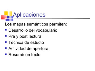 Aplicaciones
Los mapas semánticos permiten:
 Desarrollo del vocabulario
 Pre y post lectura
 Técnica de estudio
 Actividad de apertura.
 Resumir un texto

 