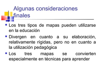 Algunas consideraciones
finales






Los tres tipos de mapas pueden utilizarse
en la educación
Divergen en cuanto a su elaboración,
relativamente rígidas, pero no en cuanto a
la utilización pedagógica
Los
tres
mapas
se
convierten
especialmente en técnicas para aprender

 