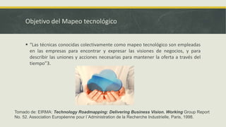 Objetivo del Mapeo tecnológico
 “Las técnicas conocidas colectivamente como mapeo tecnológico son empleadas
en las empresas para encontrar y expresar las visiones de negocios, y para
describir las uniones y acciones necesarias para mantener la oferta a través del
tiempo”3.
Tomado de: EIRMA: Technology Roadmapping: Delivering Business Vision. Working Group Report
No. 52. Association Européenne pour l´Administration de la Recherche Industrielle, Paris, 1998.
 