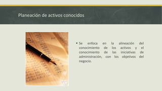 Planeación de activos conocidos
 Se enfoca en la alineación del
conocimiento de los activos y el
conocimiento de las iniciativas de
administración, con los objetivos del
negocio.
 