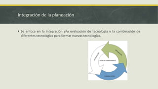 Integración de la planeación
 Se enfoca en la integración y/o evaluación de tecnología y la combinación de
diferentes tecnologías para formar nuevas tecnologías.
 