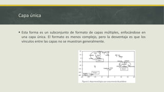Capa única
 Esta forma es un subconjunto de formato de capas múltiples, enfocándose en
una capa única. El formato es menos complejo, pero la desventaja es que los
vínculos entre las capas no se muestran generalmente.
 