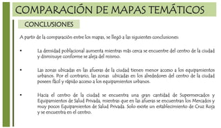 COMPARACIÓN DE MAPAS TEMÁTICOS
CONCLUSIONES
A partir de la comparación entre los mapas, se llegó a las siguientes conclusiones:
 La densidad poblacional aumenta mientras más cerca se encuentre del centro de la ciudad
y disminuye conforme se aleja del mismo.
 Las zonas ubicadas en las afueras de la ciudad tienen menor acceso a los equipamientos
urbanos. Por el contrario, las zonas ubicadas en los alrededores del centro de la ciudad
poseen fácil y rápido acceso a los equipamientos urbanos.
 Hacia el centro de la ciudad se encuentra una gran cantidad de Supermercados y
Equipamientos de Salud Privada, mientras que en las afueras se encuentran los Mercados y
muy pocos Equipamientos de Salud Privada. Solo existe un establecimiento de Cruz Roja
y se encuentra en el centro.
 