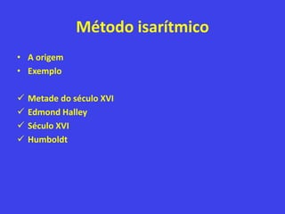 Método isarítmico
• A origem
• Exemplo
 Metade do século XVI
 Edmond Halley
 Século XVI
 Humboldt
 