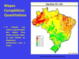 Mapas
Coropléticos
Quantitativos
 O método usa
valores aproximados
dos dados. Para
dados preciso deve-
se usar tabelas ou
diagramas
juntamente com o
mapa.
Fonte: http://humanabrasil.org
 