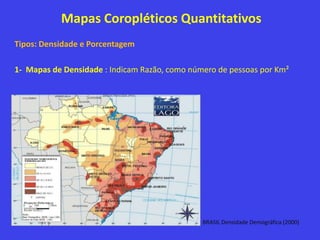 Mapas Coropléticos Quantitativos
Tipos: Densidade e Porcentagem
1- Mapas de Densidade : Indicam Razão, como número de pessoas por Km²
BRASIL Densidade Demográfica (2000)
 