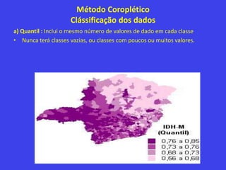 Método Coroplético
Clássificação dos dados
a) Quantil : Inclui o mesmo número de valores de dado em cada classe
• Nunca terá classes vazias, ou classes com poucos ou muitos valores.
 