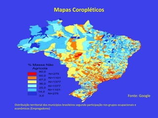 Mapas Coropléticos
Distribuição territorial dos municípios brasileiros segundo participação nos grupos ocupacionais e
econômicos (Empregadores)
Fonte: Google
 