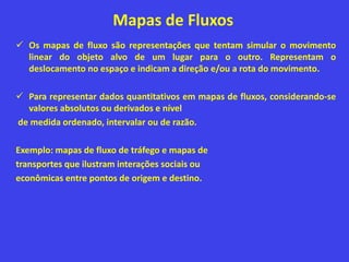 Mapas de Fluxos
 Os mapas de fluxo são representações que tentam simular o movimento
linear do objeto alvo de um lugar para o outro. Representam o
deslocamento no espaço e indicam a direção e/ou a rota do movimento.
 Para representar dados quantitativos em mapas de fluxos, considerando-se
valores absolutos ou derivados e nível
de medida ordenado, intervalar ou de razão.
Exemplo: mapas de fluxo de tráfego e mapas de
transportes que ilustram interações sociais ou
econômicas entre pontos de origem e destino.
 