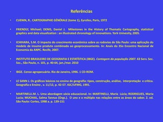 Referências
• CUENIN, R.. CARTOGRAPHIE GÉNÉRALE (tome 1), Eyrolles, Paris, 1972
• FRIENDLY, Michael; DENIS, Daniel J. Milestones in the History of Thematic Cartography, statistical
graphics and data visualization : an illustrated chronology of innovations. York Univesity, 2005.
• ICHIHARA, S.M. O impacto do crescimento econômico sobre as rodovias de São Paulo: uma aplicação do
modelo de insumo produto combinado ao geoprocessamento. In: Anais do 35o Encontro Nacional de
Economia da ANPC. Recife, 2007.
• INSTITUTO BRASILEIRO DE GEOGRAFIA E ESTATÍSTICA (IBGE). Contagem da população 2007. 63 Serv. Soc.
Soc., São Paulo, n. 101, p. 40-64, jan./mar. 2010
• IBGE. Censo agropecuário. Rio de Janeiro, 1996. 1 CD-ROM.
• LE SANN J. Os gráficos básicos no ensino de geografia: tipos, construção, análise, interpretação e crítica.
Geografia e Ensino , v. 11/12, p. 42-57. IGC/UFMG, 1991.
• MARTINELLI.M. L. Uma abordagem sócio educacional. In: MARTINELLI, Maria Lúcia; RODRIGUES, Maria
Lucia; MUCHAIL, Salma Tannus (Orgs.). O uno e o múltiplo nas relações entre as áreas do saber. 2. ed.
São Paulo: Cortez, 1998 a. p. 139-151
 