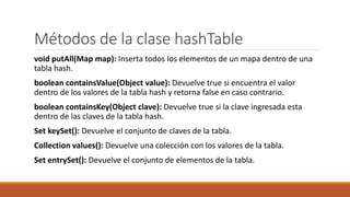 Métodos de la clase hashTable
void putAll(Map map): Inserta todos los elementos de un mapa dentro de una
tabla hash.
boolean containsValue(Object value): Devuelve true si encuentra el valor
dentro de los valores de la tabla hash y retorna false en caso contrario.
boolean containsKey(Object clave): Devuelve true si la clave ingresada esta
dentro de las claves de la tabla hash.
Set keySet(): Devuelve el conjunto de claves de la tabla.
Collection values(): Devuelve una colección con los valores de la tabla.
Set entrySet(): Devuelve el conjunto de elementos de la tabla.
 
