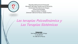 Republica Bolivariana de Venezuela.
Ministerio del Poder Popular para la Educación.
Universidad Bicentenaria de Aragua.
Carrera de Psicología.
Decimo (10mo) Trimestre.
Extensión Valle de la Pascua. Estado Guárico.
Las terapias Psicodinámica y
Las Terapias Sistémicas
Integrante:
Sara Isabel González Ortega.
C.I 26.299.557
P1 Valle de la Pascua
 