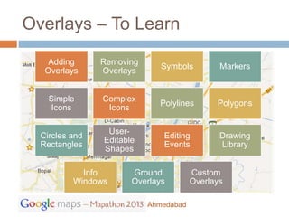 Overlays – To Learn
    Adding      Removing
                              Symbols         Markers
   Overlays     Overlays


    Simple      Complex
                             Polylines       Polygons
    Icons        Icons

                 User-
  Circles and                 Editing         Drawing
                Editable
  Rectangles                  Events          Library
                Shapes

            Info       Ground          Custom
          Windows      Overlays        Overlays

                           Ahmedabad
 