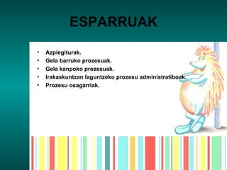 ESPARRUAK Azpiegiturak. Gela barruko prozesuak. Gela kanpoko prozesuak. Irakaskuntzan laguntzeko prozesu administratiboak. Prozesu osagarriak. 