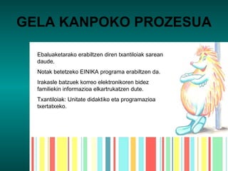GELA KANPOKO PROZESUA Ebaluaketarako erabiltzen diren txantiloiak sarean daude. Notak betetzeko EINIKA programa erabiltzen da. Irakasle batzuek korreo elektronikoren bidez familiekin informazioa elkartrukatzen dute. Txantiloiak: Unitate didaktiko eta programazioa txertatxeko. 