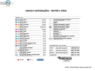 LINHAS E INTEGRAÇÕES – METRÔ e TREM




                                 Fonte: http://www.cptm.sp.gov.br/
 