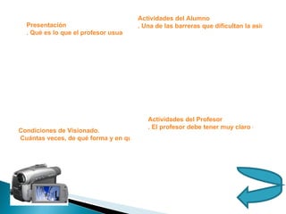 Actividades del Profesor . El profesor debe tener muy claro qué es lo que va a hacer antes, durante y después del pase del vídeo en su clase.  Presentación . Qué es lo que el profesor usuario del medio va a decir antes de la utilización del vídeo. Qué aspectos debe resaltar, qué otros aspectos debe aclarar y si la terminología que emplea el vídeo va a ser entendida por los alumnos y, si esto no es así, cuáles son los términos nuevos o que necesitan explicación, etc.  Condiciones de Visionado.  Cuántas veces, de qué forma y en qué condiciones se va a exhibir el tema Actividades del Alumno . Una de las barreras que dificultan la asimilación y la comprensión de los contenidos de los vídeos educativos la constituye la pasividad que el medio genera en la audiencia, que identifica el video lección con la contemplación de un programa de televisión que no exige ningún esfuerzo para su asimilación. Romper la pasividad es fundamental para que el alumno asimile y comprenda el contenido.  