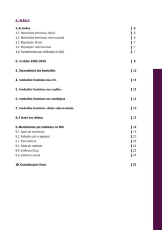 SUMÁRIO
1. As fontes	                                     |   6
1.1. Homicídios femininos: Brasil 	               |   6
1.2. Homicídios femininos: internacional 	        |   6
1.3. População: Brasil 	                          |   7
1.4. População: internacional	                    |   7
1.5. Atendimentos por violências no SUS	          |   7

2. Histórico 1980/2010	                           | 8

3. Circunstância dos homicídios	                  | 10

4. Homicídios femininos nas UFs	                  | 11

5. Homicídios femininos nas capitais	             | 12

6. Homicídios femininos nos municípios	           | 13

7. Homicídios femininos: dados internacionais 	   | 16

8. A idade das vítimas 	                          | 17

9. Atendimentos por violências no SUS 	           | 18
9.1. Local de ocorrência	                         | 18
9.2. Relação com o agressor	                      | 20
9.3. Reincidência	                                | 21
9.4. Tipos de violência	                          | 21
9.5. Violência física 	                           | 22
9.6. Violência sexual	                            | 24

10. Considerações finais	                         | 27
 
