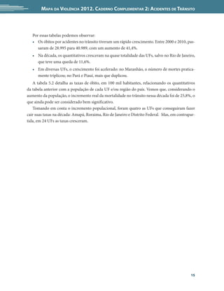 Mapa da Violência 2012. Caderno Complementar 2: Acidentes de Trânsito



   Por essas tabelas podemos observar:
   •	 Os óbitos por acidentes no trânsito tiveram um rápido crescimento. Entre 2000 e 2010, pas-
      saram de 28.995 para 40.989, com um aumento de 41,4%.
   •	 Na década, os quantitativos cresceram na quase totalidade das UFs, salvo no Rio de Janeiro,
      que teve uma queda de 11,6%.
   •	 Em diversas UFs, o crescimento foi acelerado: no Maranhão, o número de mortes pratica-
      mente triplicou; no Pará e Piauí, mais que duplicou.  
   A tabela 5.2 detalha as taxas de óbito, em 100 mil habitantes, relacionando os quantitativos
da tabela anterior com a população de cada UF e/ou região do país. Vemos que, considerando o
aumento da população, o incremento real da mortalidade no trânsito nessa década foi de 25,8%, o
que ainda pode ser considerado bem significativo.
   Tomando em conta o incremento populacional, foram quatro as UFs que conseguiram fazer
cair suas taxas na década: Amapá, Roraima, Rio de Janeiro e Distrito Federal.  Mas, em contrapar-
tida, em 24 UFs as taxas cresceram.




                                                                                              15
 