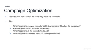 Campaign Optimization
NO IDFA
• Media sources won’t know if the users they drove are successful
• So...
• What happens to every ad networks’ ability to understand ROAS on the campaigns?
• Creative optimization? Publisher blacklisting?
• What happens to all the brains behind UAC?
• What happens to Facebook’s AEO/VO/MAI optimizations?
 