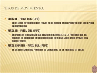 Last in – first out (lifo) La ultima mercancía que entra en almacén, es la primera que sala para la expedición. First in – first out (fifo) La primera mercancía que entra en almacen, es la primera que es sacada de almacen, es la modalidad mas utilizada para evitar las obsolencias. First expired – first out (fefo) El de la fecha mas próxima de caducidad es el primero en salir. 