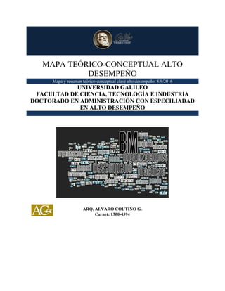 MAPA TEÓRICO-CONCEPTUAL ALTO
DESEMPEÑO
Mapa y resumen teórico-conceptual clase alto desempeño: 8/9/2016
UNIVERSIDAD GALILEO
FACULTAD DE CIENCIA, TECNOLOGÍA E INDUSTRIA
DOCTORADO EN ADMINISTRACIÓN CON ESPECILIADAD
EN ALTO DESEMPEÑO
ARQ. ALVARO COUTIÑO G.
Carnet: 1300-4394
 