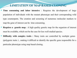 LIMITATION OF MAP BASED CLONING
 Time consuming and labor intensive : Requires the development of large
population of individuals with the mutant phenotype and their corresponding wild
type counterparts. The creation and screening of numerous molecular markers to
map the gene of interest can be time consuming.
 Requires a genetic map : A high quality genetic map for the organism of interest
must be available, which not be the case for less well studied species.
 Difficulty with complex traits : Many traits are controlled by multiple genes
(polygenic traits ) , making it difficult to identify the specific gene responsible for a
particular phenotype using map based cloning.
 