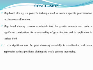 CONCLUSION
 Map based cloning is a powerful technique used to isolate a specific gene based on
its chromosomal location.
 Map based cloning remains a valuable tool for genetic research and made a
significant contributions for understanding of gene function and its application in
various field.
 It is a significant tool for gene discovery especially in combination with other
approaches such as positional cloning and whole genome sequencing.
 