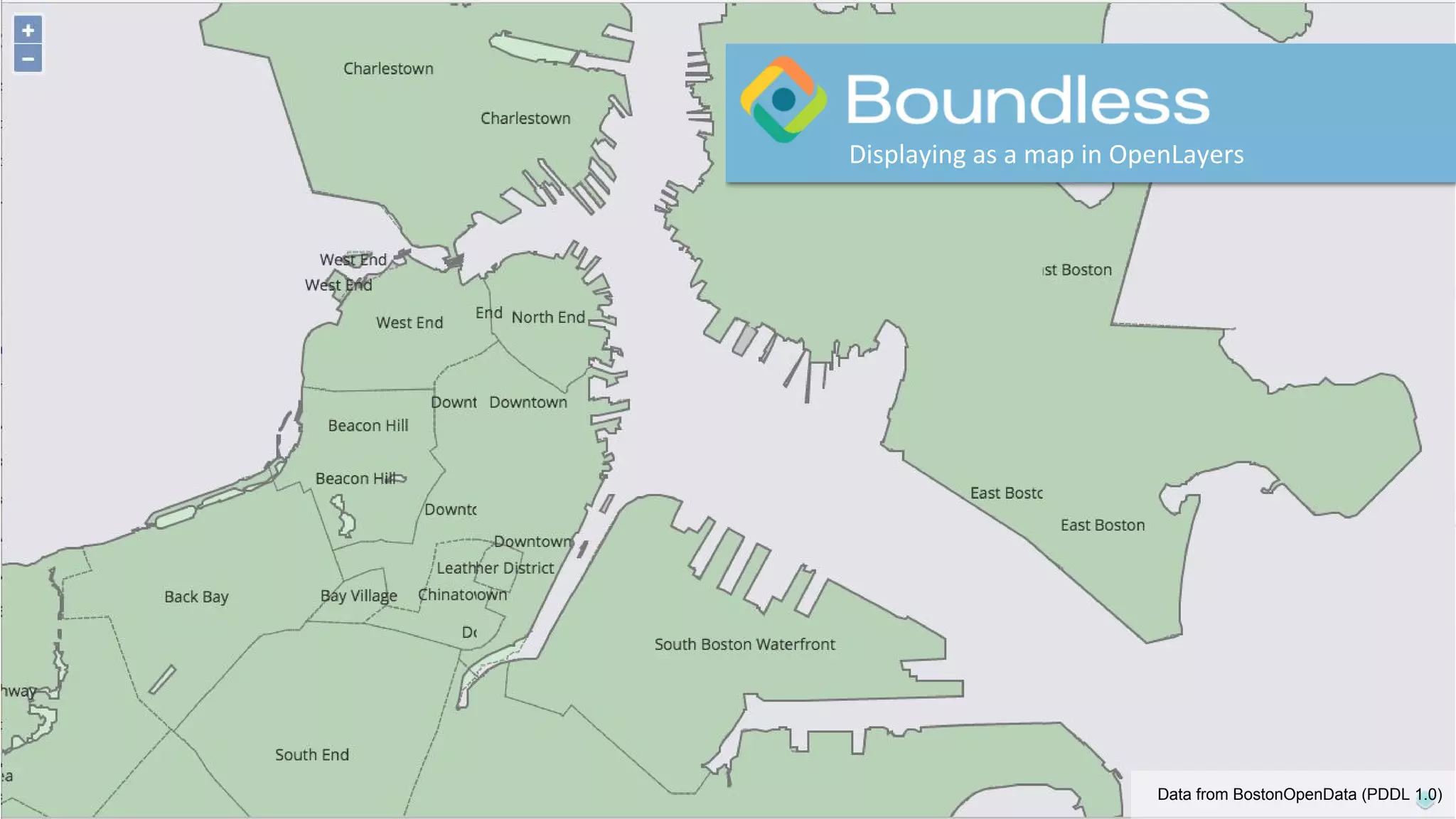 Displaying as a map in OpenLayers
Data from BostonOpenData (PDDL 1.0)
 