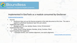 Supported / Unsupported MapBox properties
Implemented in GeoTools as a module consumed by GeoServer
Implemented properties
• Sources
• GeoServer does not use the Sources property in the style document at this time. The style is
applied to whichever GeoServer layer the user selects.
• Supported Layer Types
• [Background, Fill, Line, Symbol, Raster, Circle, Fill-Extrusion]
• Supported Data Types
• [Color, Enum, String, Boolean, Number, Array, Function, Filter]
• Layer Properties Not Supported
• *-translate-anchor, icon-rotation-alignment, icon-pitch-alignment
GeoServer MapBox Style Specification
 