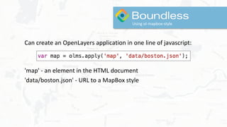 Can create an OpenLayers application in one line of javascript:
Using ol-mapbox-style
'map' - an element in the HTML document
'data/boston.json' - URL to a MapBox style
 